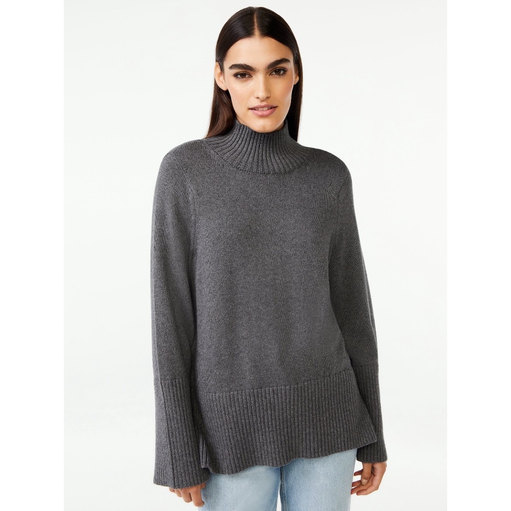 NWT Heather Charcoal Gray Ribbed Mock Neck 100% Cotton Sweater